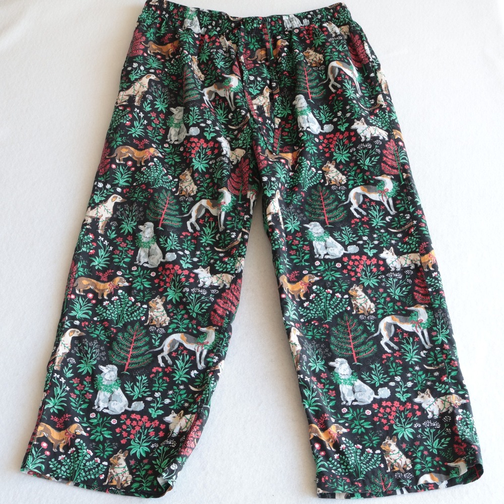 Printfresh Mens XL Organic Cotton Pajama Pants Christmas Dog Print Black Green